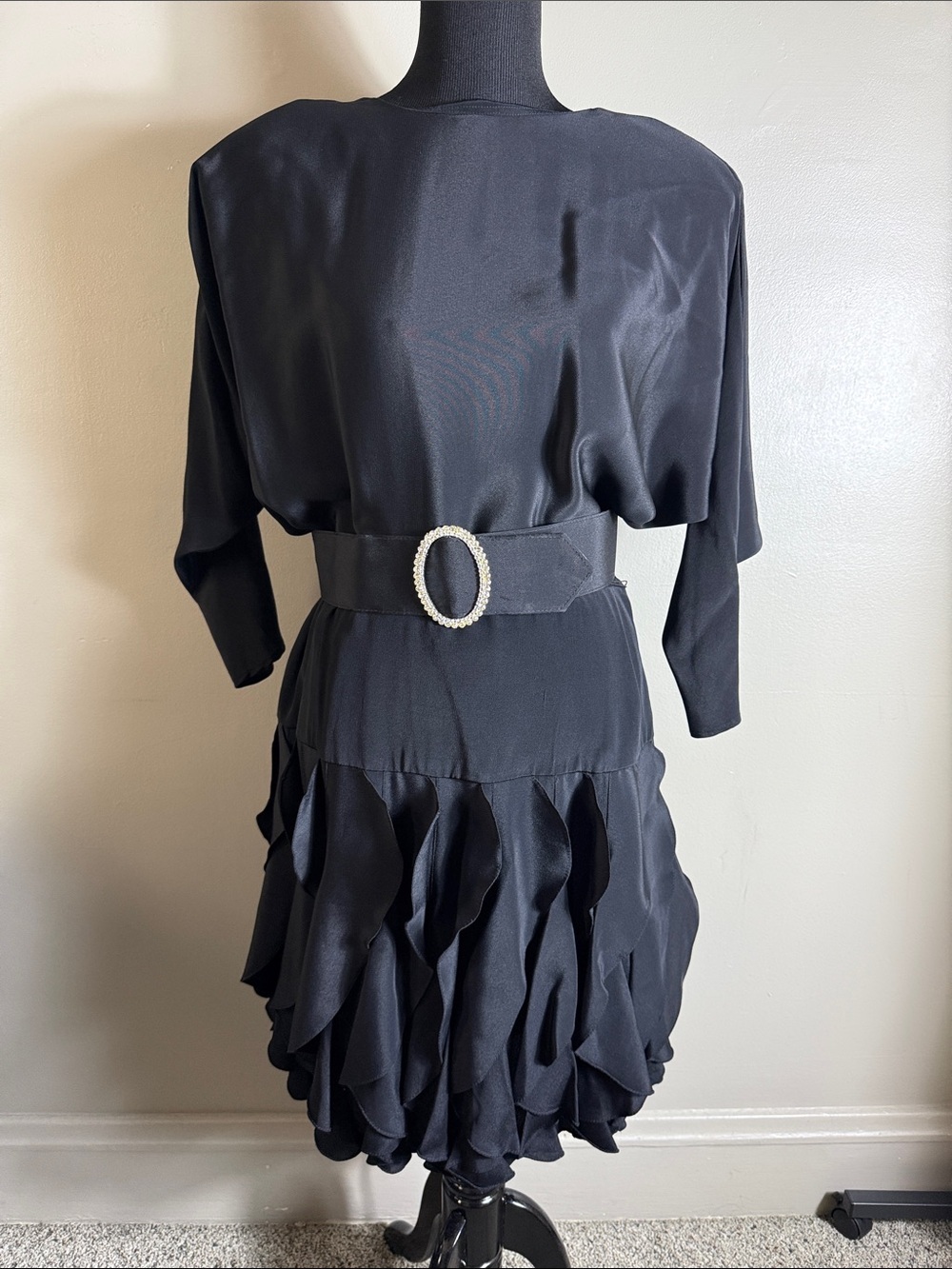 Vintage 1980’s Betsy & Adam Black Vertical Ruffle Skirt Cocktail Dress